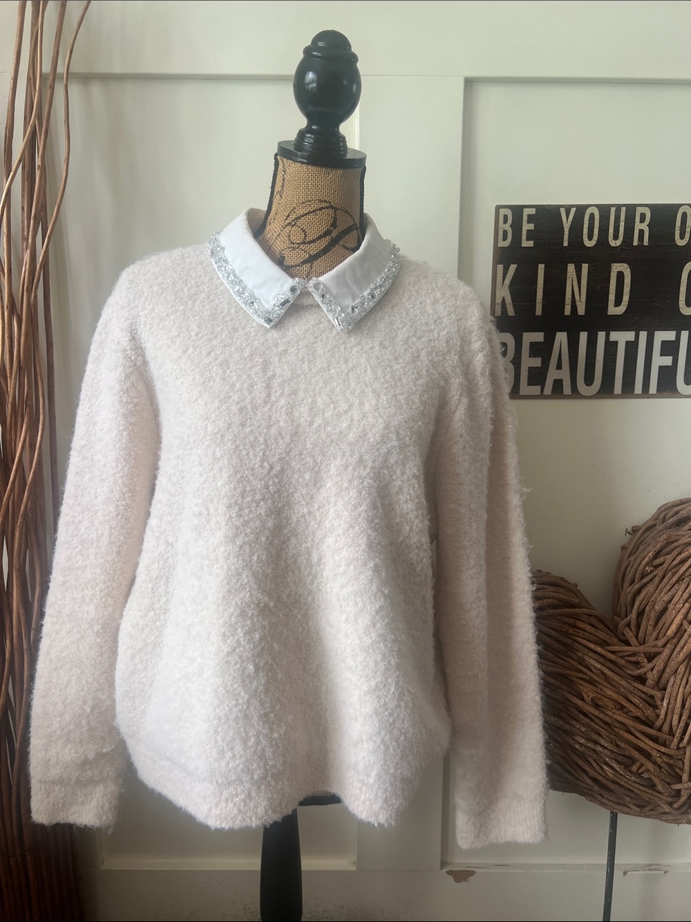 CeCe Cream Fuzzy Crewneck Sweater with Embellished White Collar